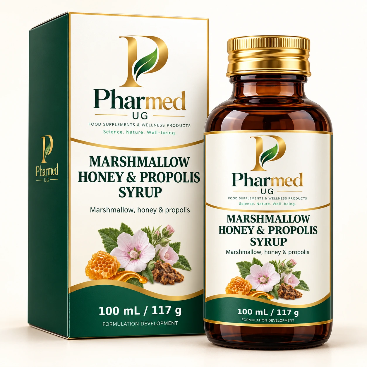 PHARMED MARSHMALLOW HONEY & PROPOLIS SYRUP packaging visualisation