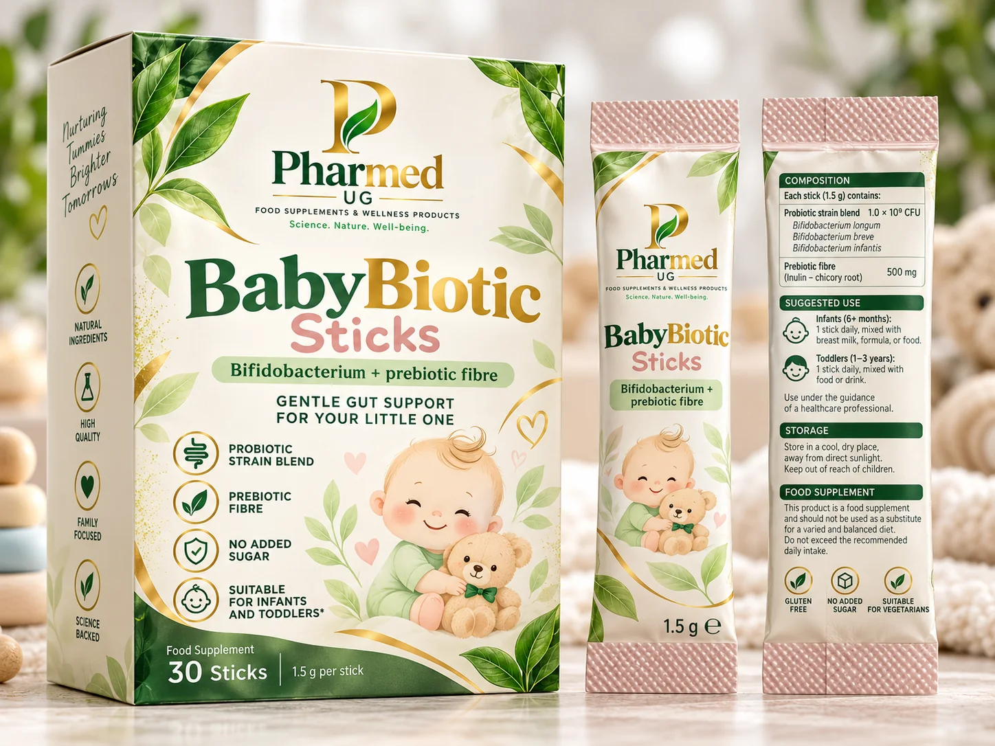 Pharmed UG BabyBiotic Sticks proposed front and back packaging visual