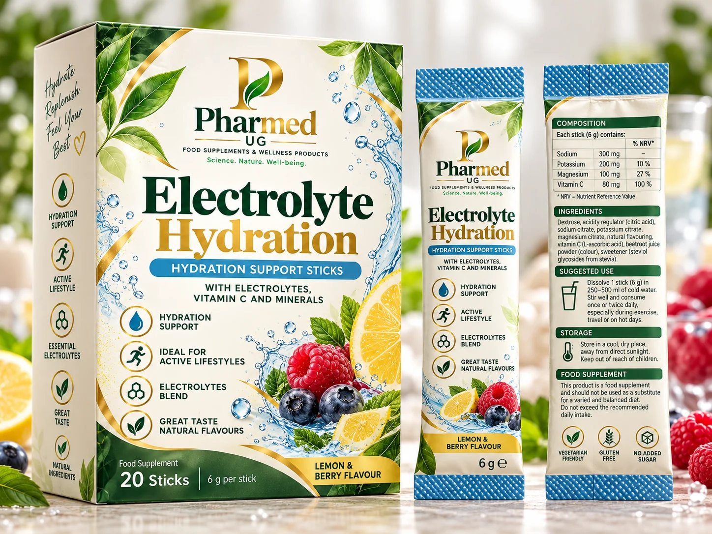 Pharmed UG Electrolyte Hydration proposed front and back packaging visual