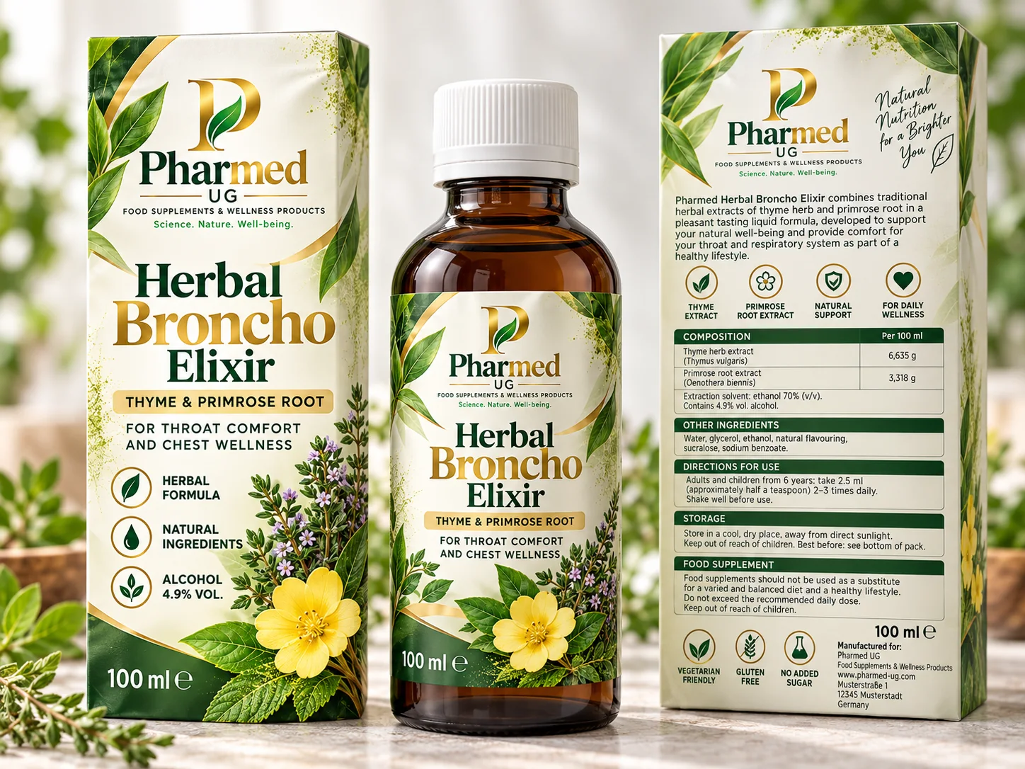 Pharmed UG Herbal Broncho Elixir proposed front and back packaging visual
