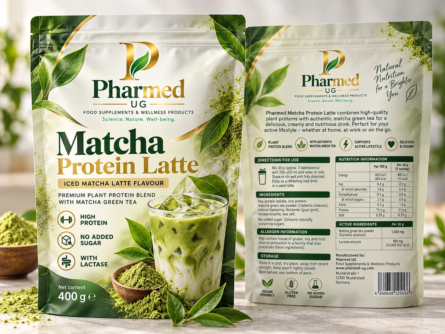 Pharmed UG Matcha Protein Latte proposed front and back packaging visual