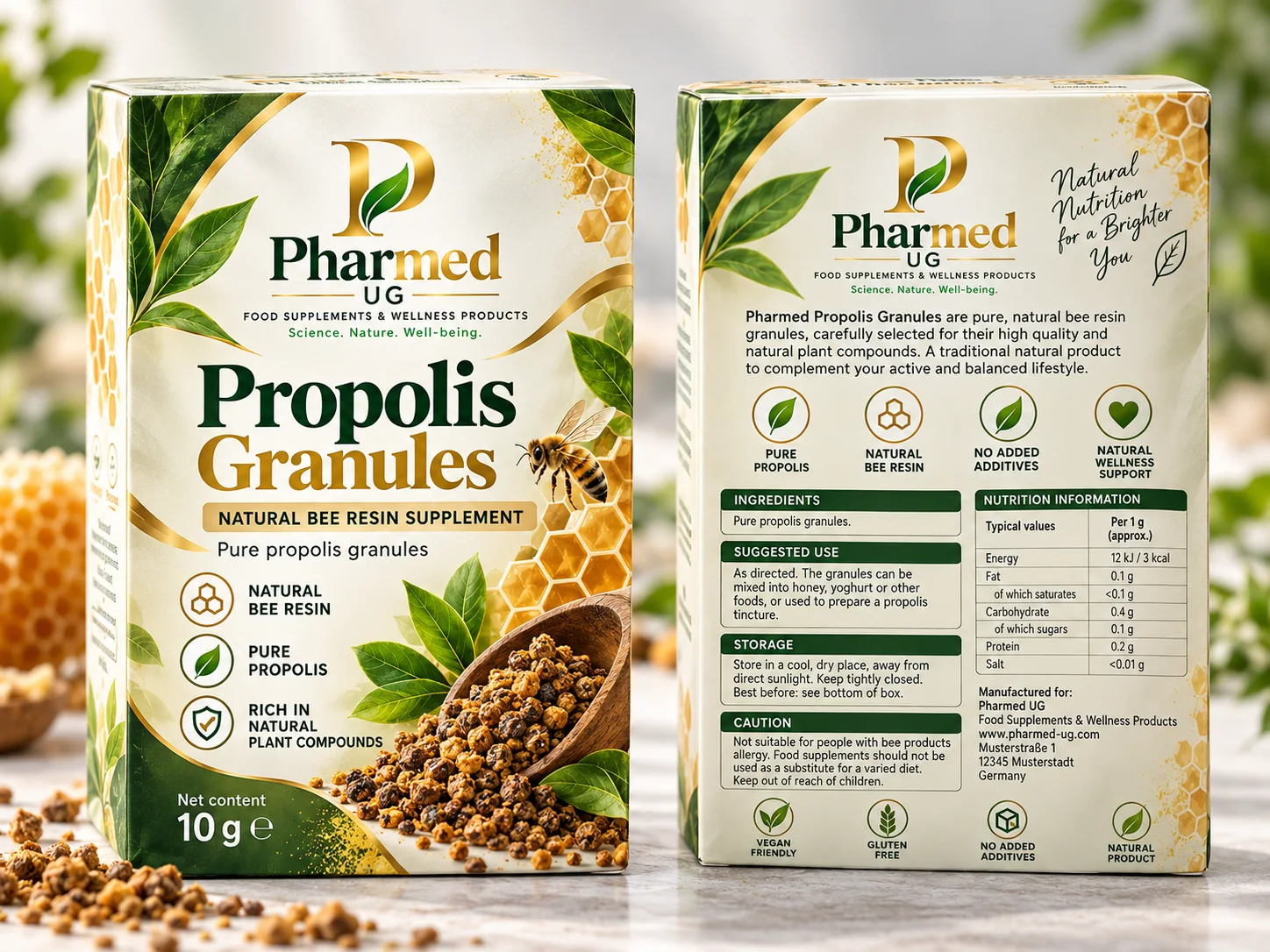 Pharmed UG Propolis Granules proposed front and back packaging visual