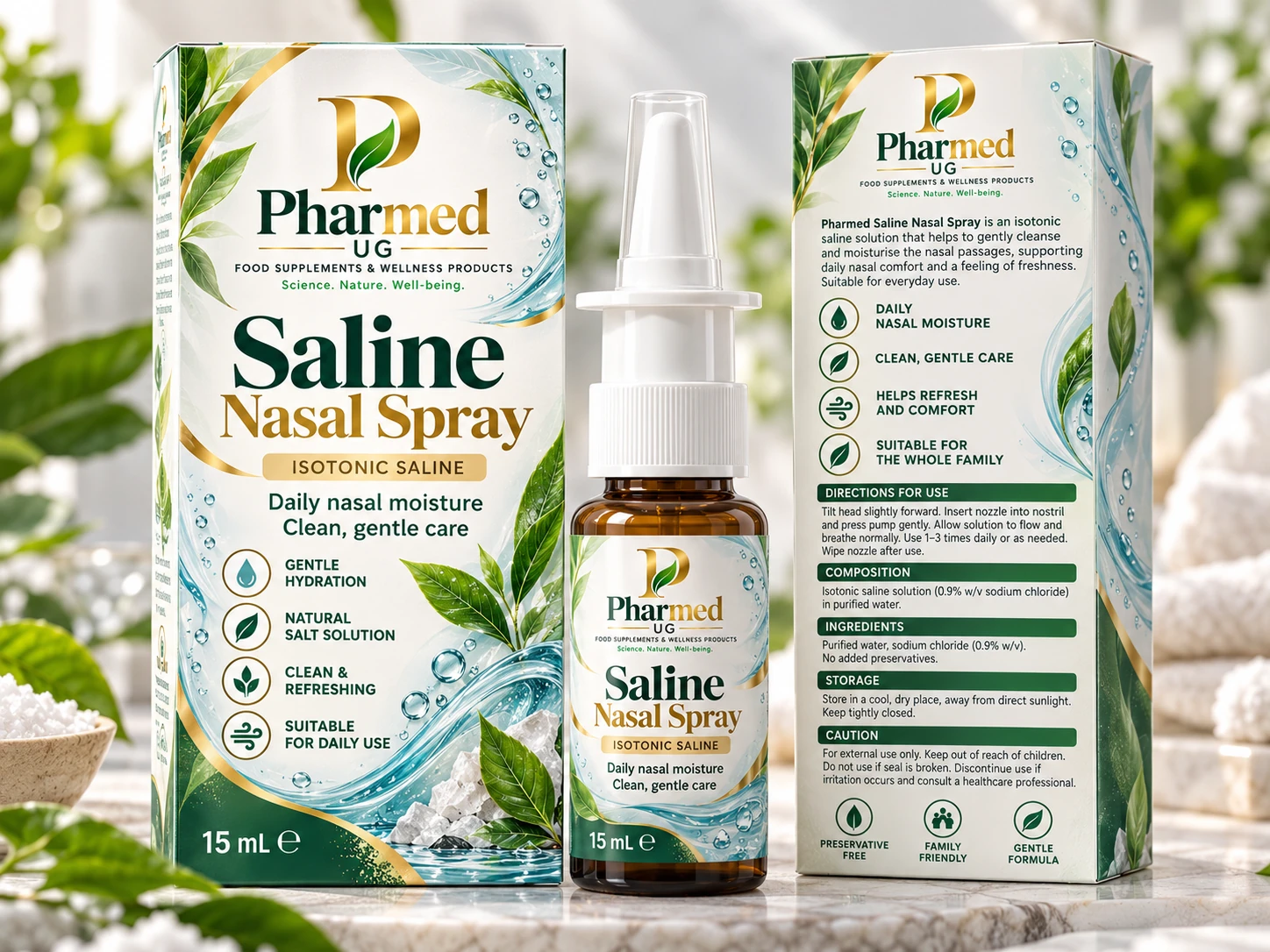 Pharmed UG Saline Nasal Spray (15 mL) conceptual front and back packaging, not a validated retail label