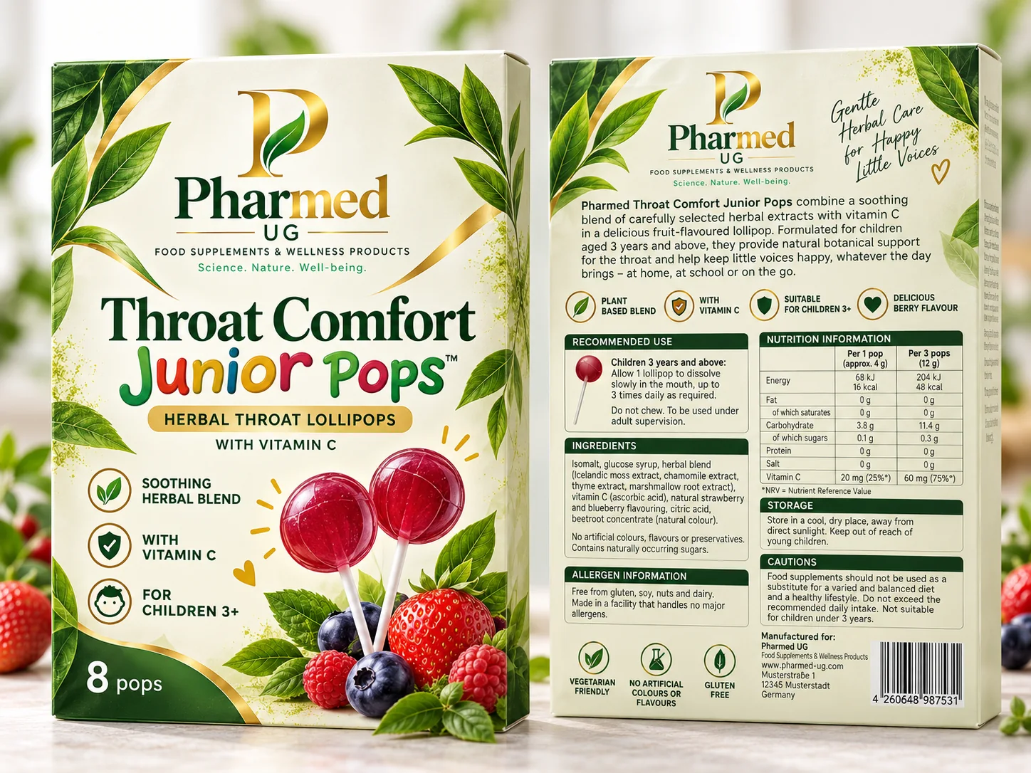 Pharmed UG Junior Herbal Pops proposed front and back packaging visual