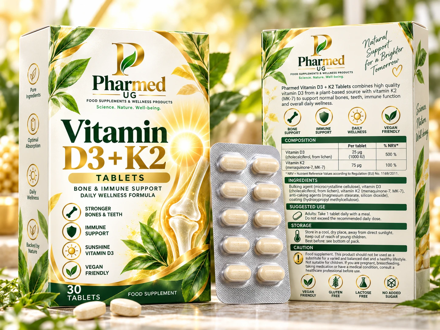 Pharmed UG Vitamin D3 + K2 Tablets (30) conceptual front and back packaging, not a validated retail label