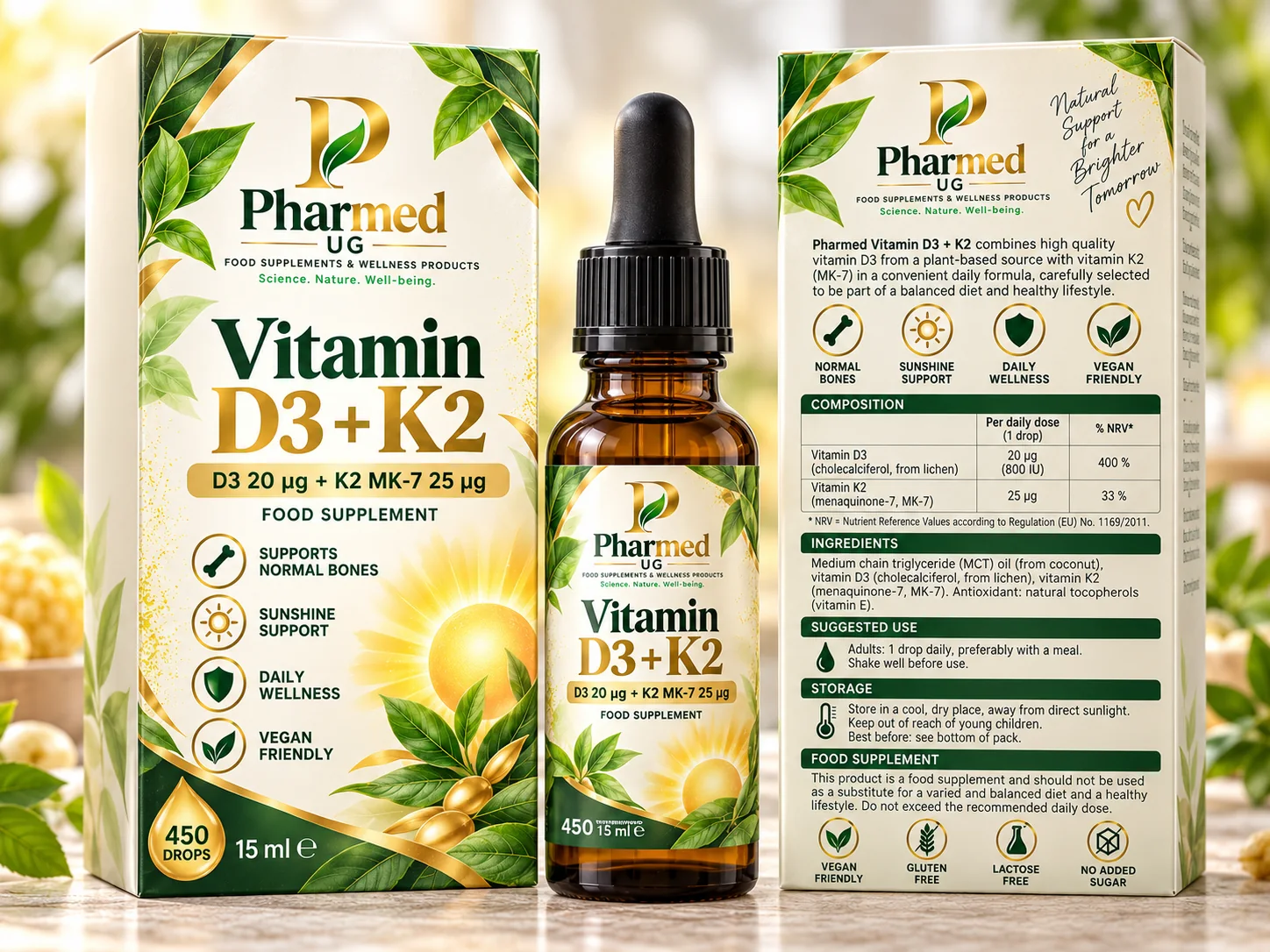 Pharmed UG Vitamin D3 + K2 proposed front and back packaging visual